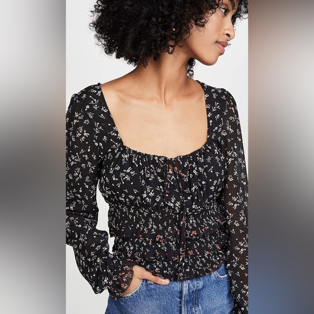 Sz S Free People Lolita top long sleeve floral scoop tie keyhole smocked waist